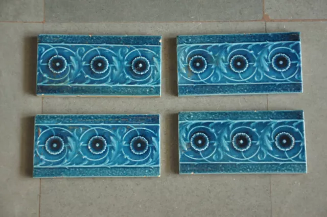 4 Pc Vintage MINTONS Mark Flower Embossed Colorful Ceramic Tiles