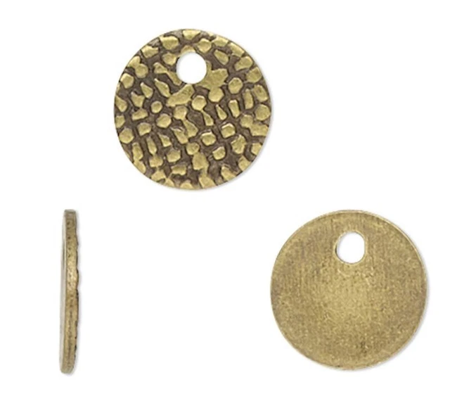 100 Antiqued Gold Plated Brass 7mm Textured Coin Drop Charms