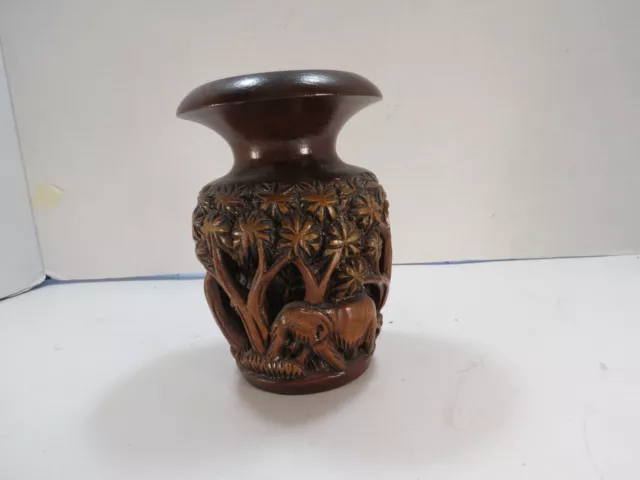 Gorgeous Hand Carved and Stained 6" Wooden Vase with Palms, Elephants