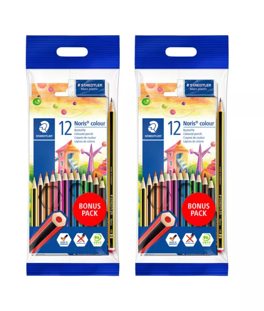 Staedtler Noris Colour Buntstifte Set mit 12 Farben, Radierer Bleistift 2er Pack