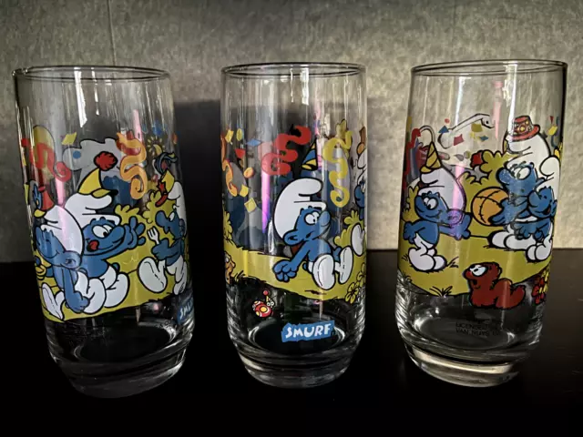 SMURFS Peyo Drinking Glasses Set of 3 Hardees 1983 Vintage Excellent Condition 2