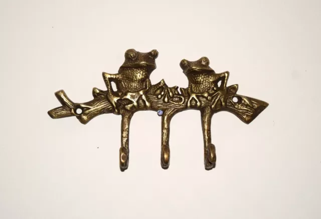 Carved Brass Frogs On Branch Figurine Wall Hook Toad Friends Kitchen Hook HK146