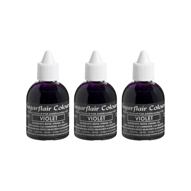 3 x Sugarflair VIOLET Edible Food Colour Liquid For Airbrushing Cake Decorating
