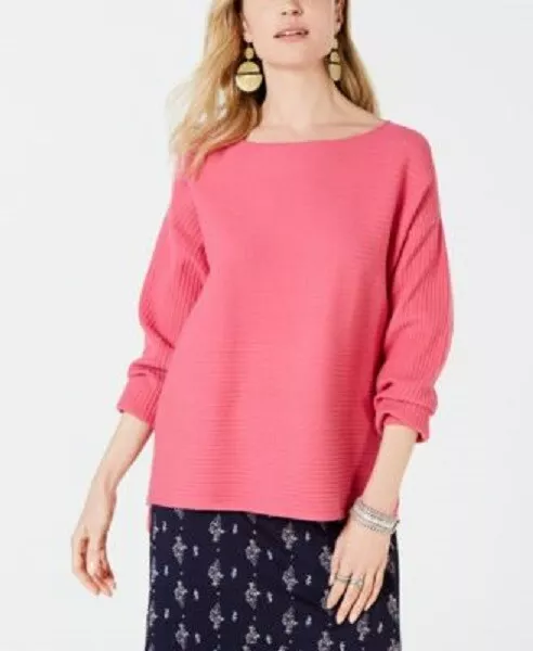 Style&co. Long Sleeve Boat Neck Ribbed Sweater Berry Punch XS