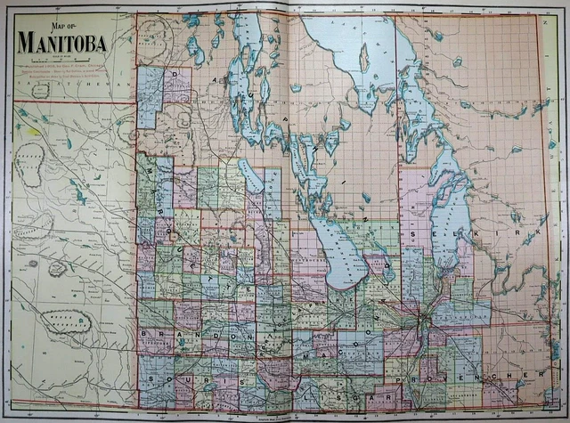Old (Lg14x22) 1904 Cram's Atlas Map ~ MANITOBA, CANADA ~ Free S&H ~Inv#298