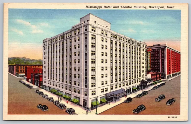 Postcard Mississippi Hotel and Theatre Building Old Cars Davenport, IA C8