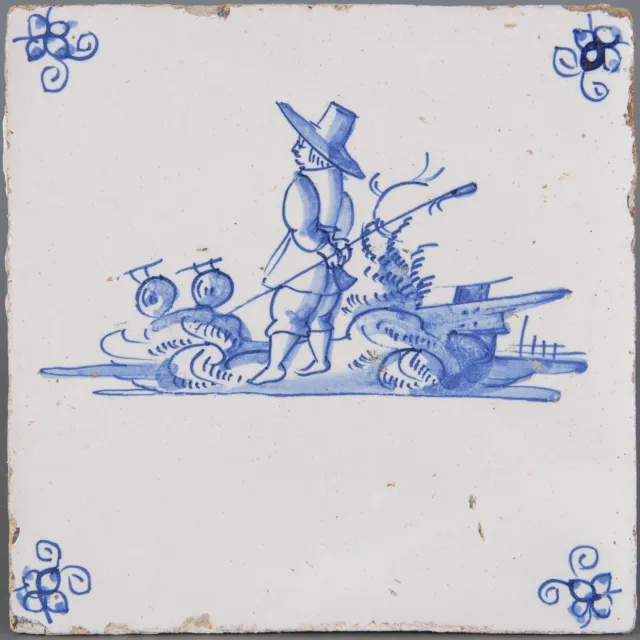 Dutch Delft Blue tile, shepherd and sheep in landscape, begin 18th century.
