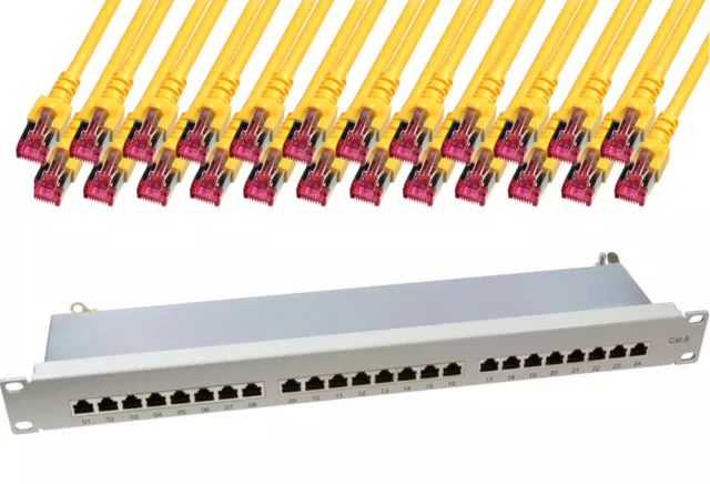 Patchpanel 24 Port RJ45 grau CAT6 geschirmt LSA + 24 x 2m CAT.5 Patchkabel gelb