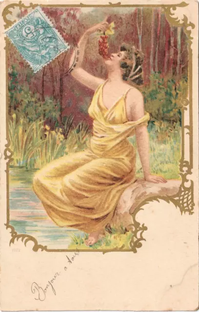 Cpa - Art Nouveau - Jeune Femme À La Grappe De Raisin.