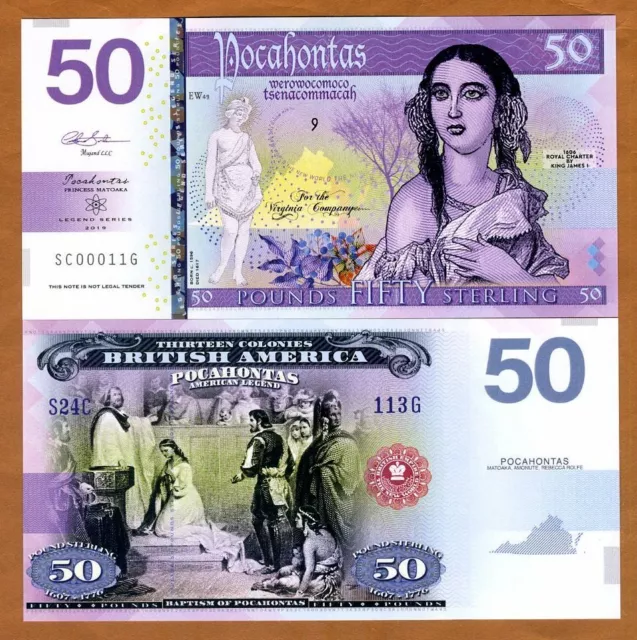 British America, 50 Pounds, Private Issue Polymer, 2019 Pocahontas