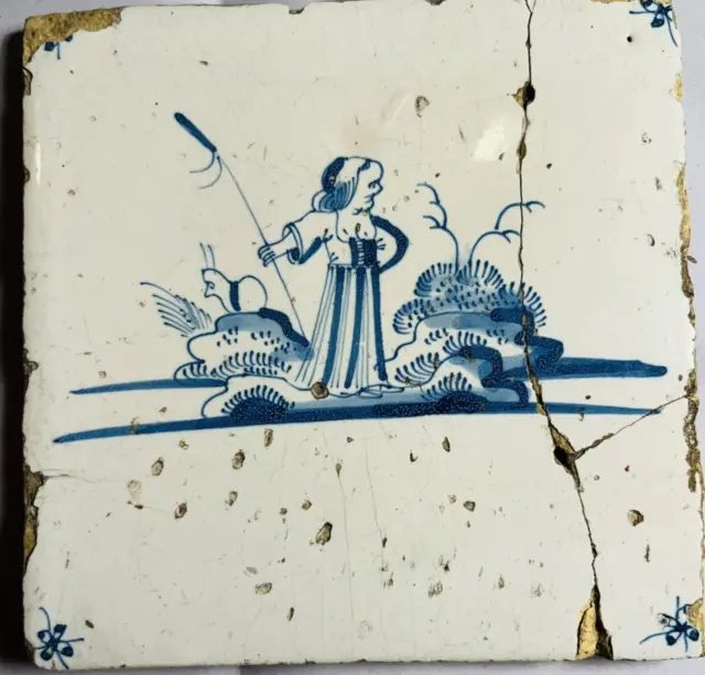 17th or 18th Century Dutch Blue and White Delft Tile  Standing Shepherdess A18