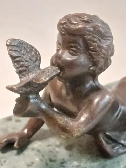 Art Deco Bronze Statue Boy Kissing Bird Green Marble Artist Signed