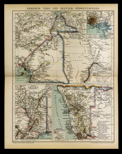 Original lithogr. Landkarte von 1894 Übersichtskarte Deutsche Kolonien old map