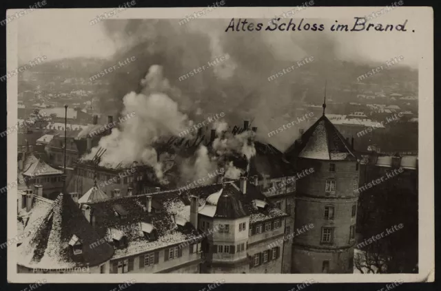 Foto-AK-Stuttgart-Altes-Schloss-im-Brand-Stuttgart-nach-New York-1931