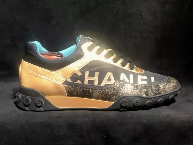 CHANEL COCO MARK Leather x Fabric Sneakers 38 Women's Multicolor
