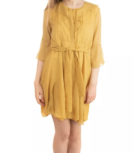 $350 WALTER BAKER Womens NWT 0 XS Yellow Ruffle Belt 3/4 Sleeve Crepe Zoey Dress