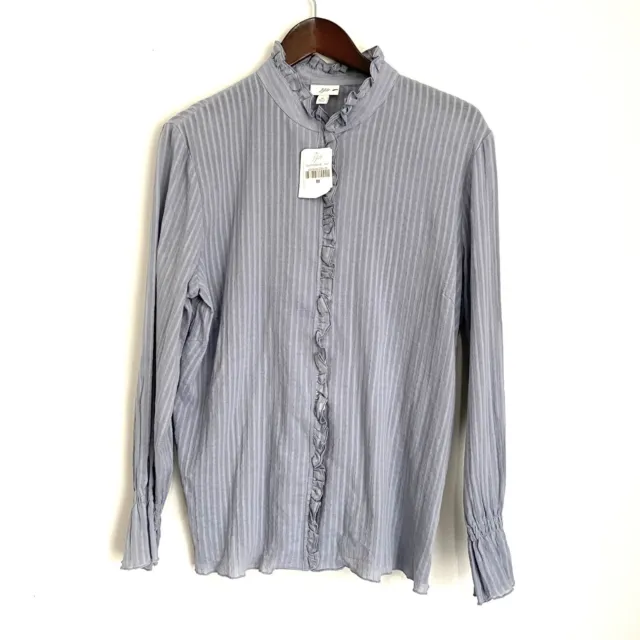 JJILL Womens Medium Gray/Blue Ruffled Light Weight Long Sleeve Button Up Shirt