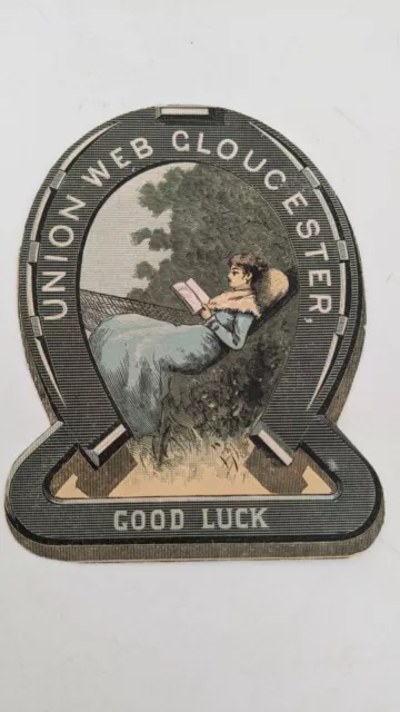 c. 1875 Union Web Hammock Card Gloucester MA Horseshoe Lady Reading Good Luck