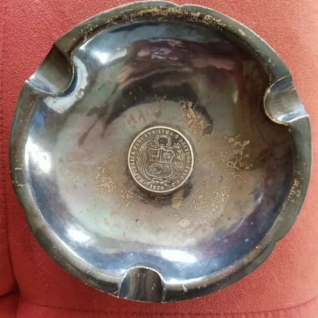 Antique Sterling Silver Ashtray Coin 1870 188 grams Peru In Sol Por La Union Sun