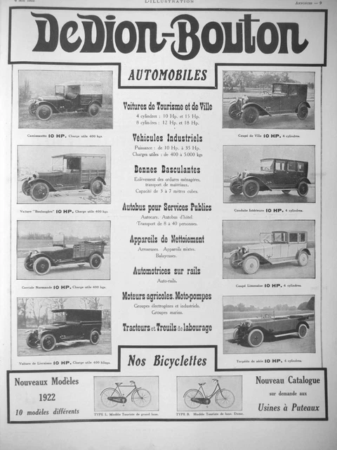Publicité Presse 1922 Automobiles Et Bicyclettes Dedion Bouton Autobus Torpedo