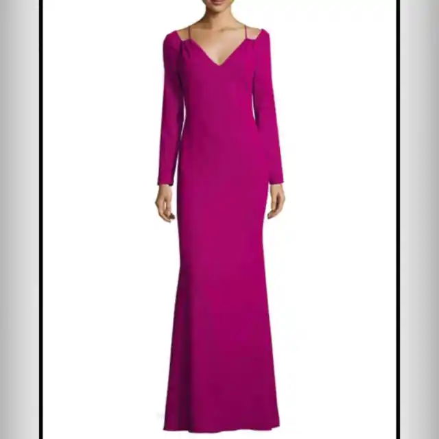 Badgley Mischka Long-Sleeve Stretch Crepe gown in pink size 4