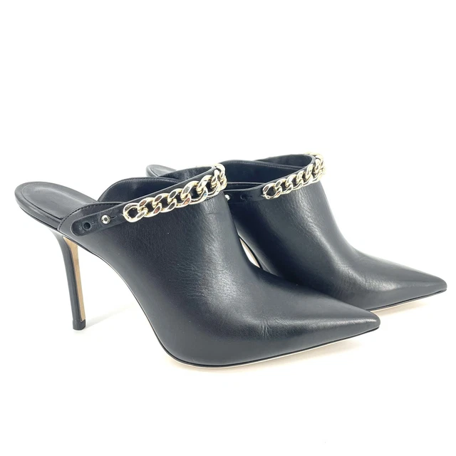 Jimmy Choo Lexx 100 Black Leather Mules Chain Details Sz 38.5