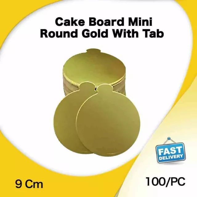 Cake Board Mini Round Gold Tab 100Pk 9Cm Display Cupcake Slices Box Muffin Cases