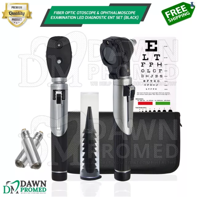 Fiber Optic Otoscope & Ophthalmoscope Examination LED Diagnostic ENT Set (Black)