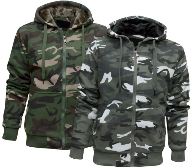 Mens Camouflage Hoodie Fur Lined Full Zip Army Camo Hooded Winter Jacket M - 3XL