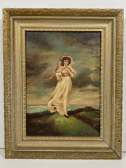 Signed DeSimpone Pinkie Girl In White Dress Portrait Oil Painting