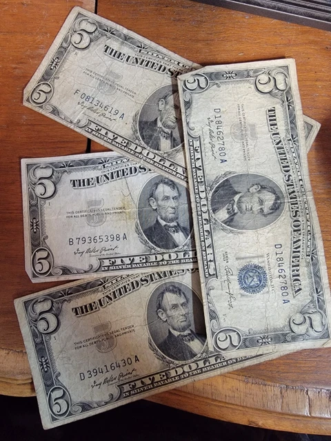 1953 Five Dollar BLUE Seal Note Silver Certificate $5 Old US Bill Average Circ