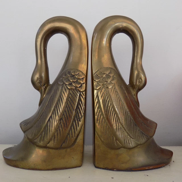 Solid Brass Swooning Swan Pair MCM Mid Century Modern Book Ends NEEDS REPAIR