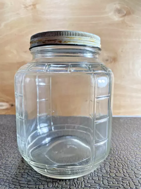 Vintage  Hoosier Cabinet Style Glass Round Canister, Ribbed Corners Jar w Lid 3