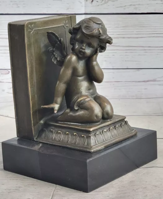 Art Deco Winged Angel Bookends Bronze with Marble Stone Hot Cast Sculpture Art