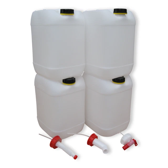 4 x 20 L Kanister weiß natur Behälter Camping & Outdoor + Hahn, Ausgießer DIN 61