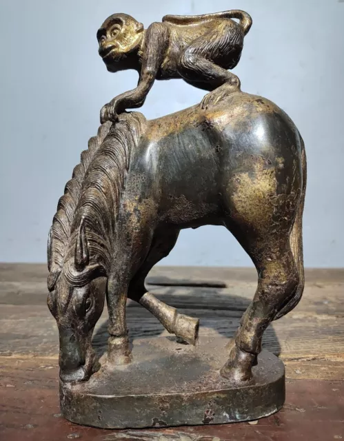 8.4" old China bronze Gilt fengshui wealth animal horse monkey "马上封侯" statue