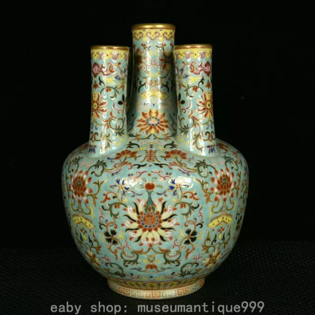 10.2'' Qianlong Chinese Enamels Porcelain Gilt Fu Lu Shou Life Five pipes Bottle