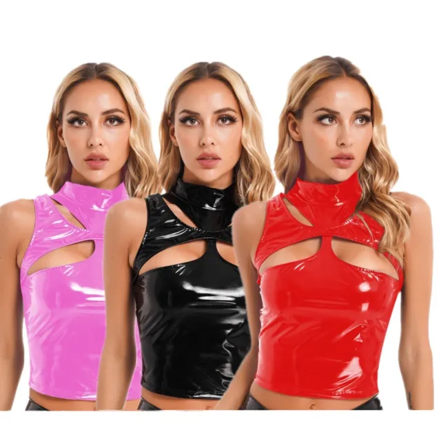 Women Wet Look Patent Leather Sleeveless Crop Top Cutout Tank Top Vest Clubwear