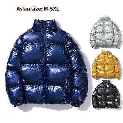 Men Parka Coat Puffer Jacket Shiny Wet Look Overcoat Loose Winter Outerwear Warm