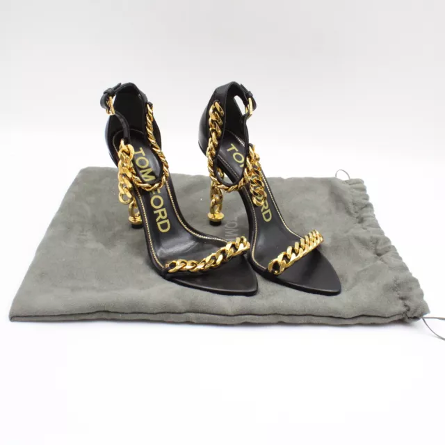Tom Ford Leather 105mm Chain Heel Ankle Strap Sandals in Black/Gold - IT 37