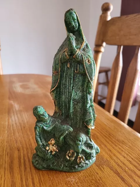 8.4" Vtg Mother Prayer & Children Natural Green Jade Carved Religous Statue Rare