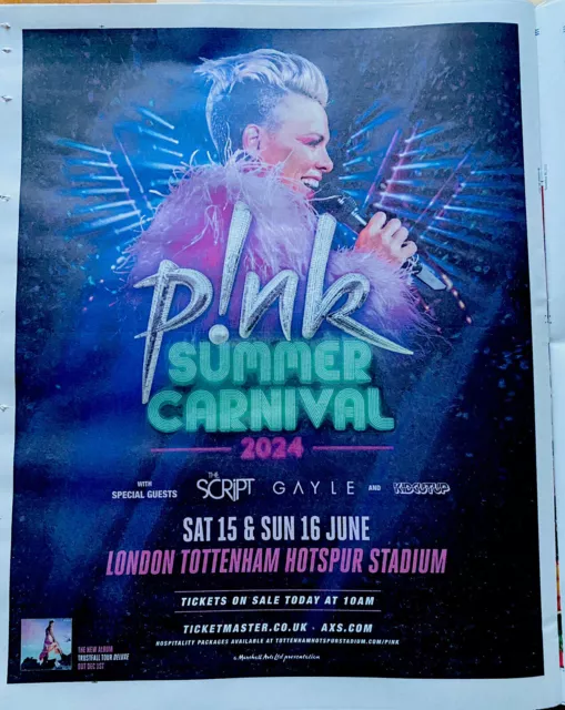 Pink Live Tour Date Ad Concert Summer 2024 Newspaper Advert Clipping 14x11”