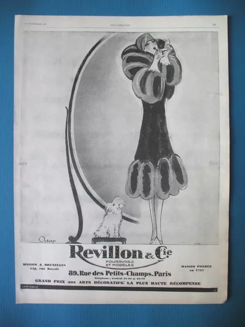 PUBLICITE DE PRESSE REVILLON & Cie FOURRURES ILLUSTRATION ODAP FRENCH AD 1927