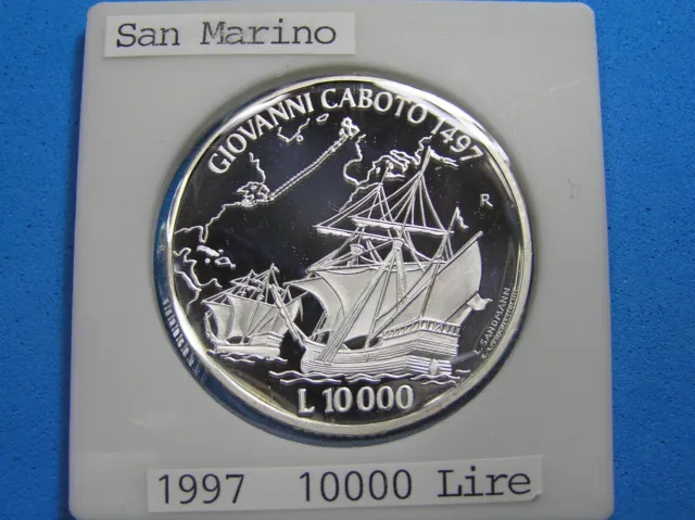San Marino 10000 Lire .835 Silver Coin, 1997 Proof John Cabot Ship & Atlantic