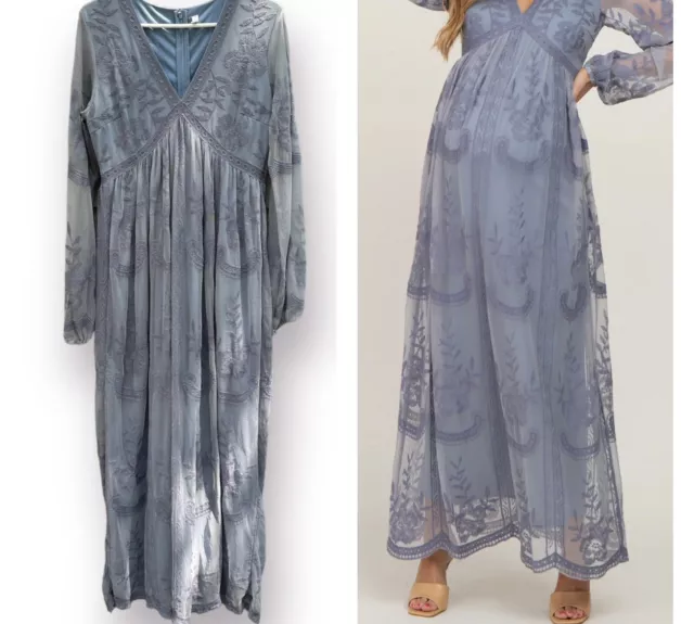 PINK BLUSH Lace Maternity Photos Maxi Dress Women's Large Gray/Blue Baby Shower