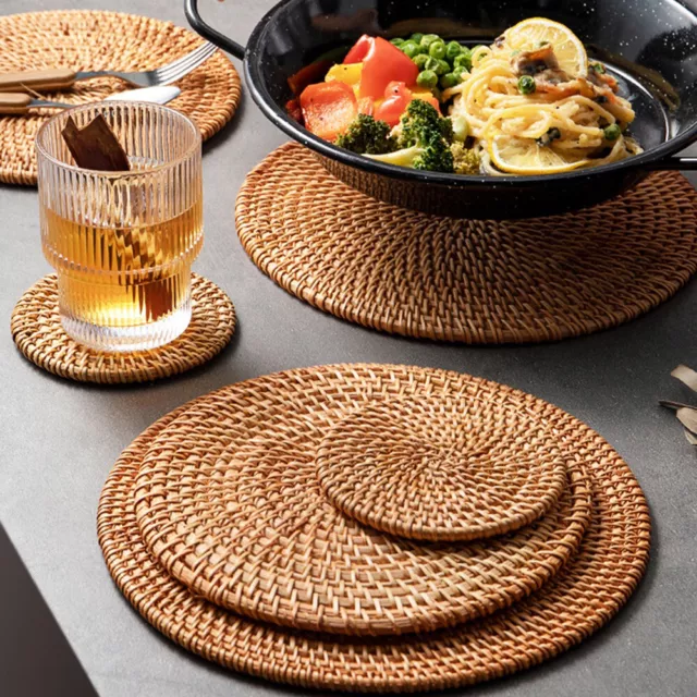 Weave Rattan Round Placemats Natual Straw Home Cups Mat For Dining Table Mat