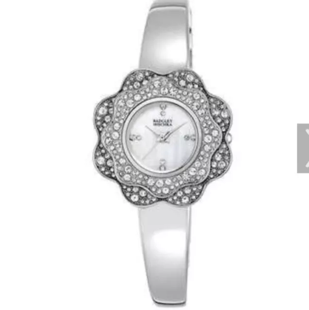 Badgley Mischka Silver Tone Swarovski Crystal Pave Flower Bezel Women Watch