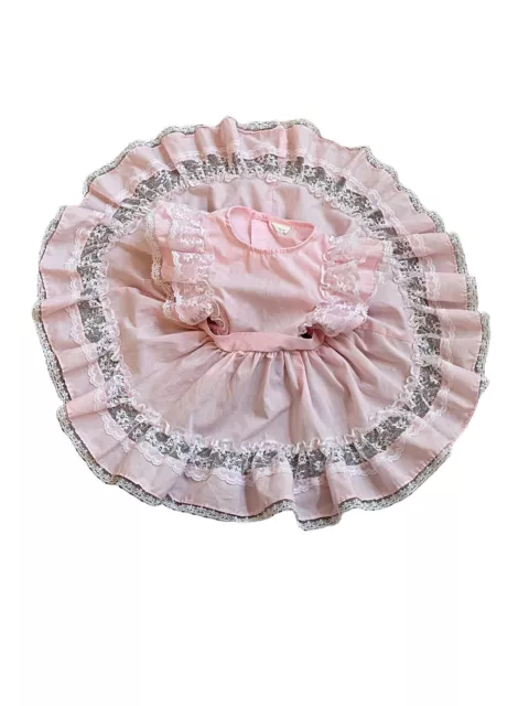 Vintage Girls Pink Ruffle Lace Full Circle Plaud Apron Dress Pageant Party