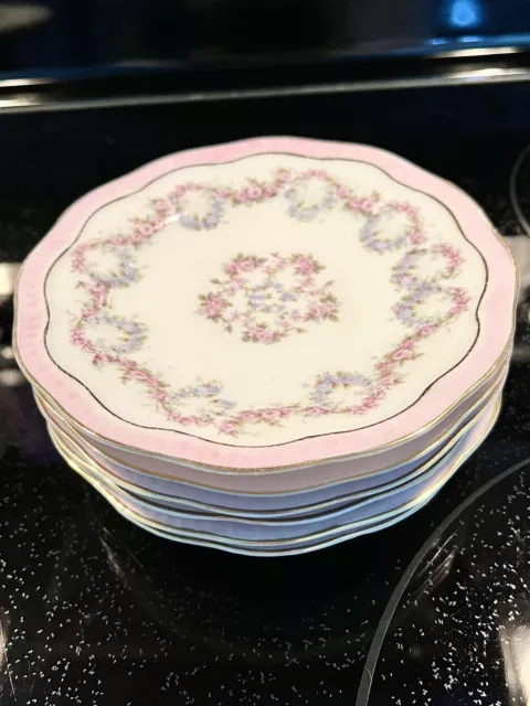 ANTIQUE RARE 1800’s ZS & C Barvaria 6 Porcelain Plates ZSC74 Pink Floral Swag