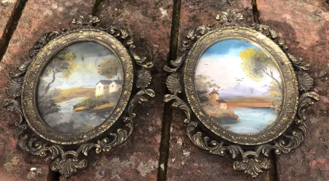 VINTAGE Italian Pair Miniature Oil Paintings On Copper Landscapes LOVELY free p